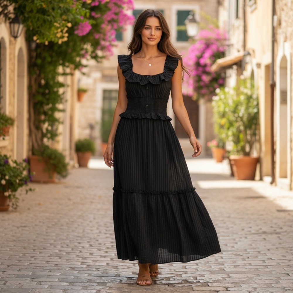 NWT Pilcro Anthropologie Black Cotton Ruffle Smocked Maxi Dress Women's Large